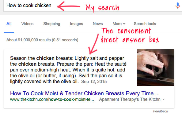 Example of a Google direct answers search