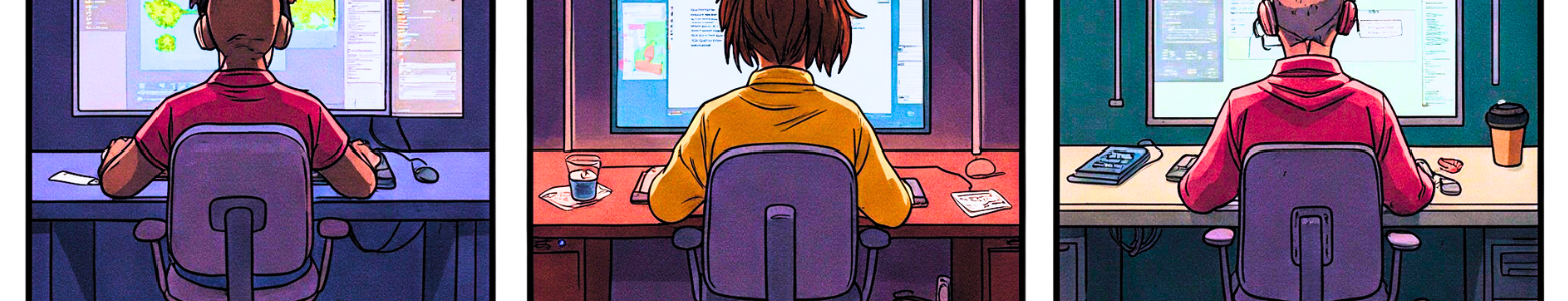 Comic book strip image of people sitting at computers creating user-generated content