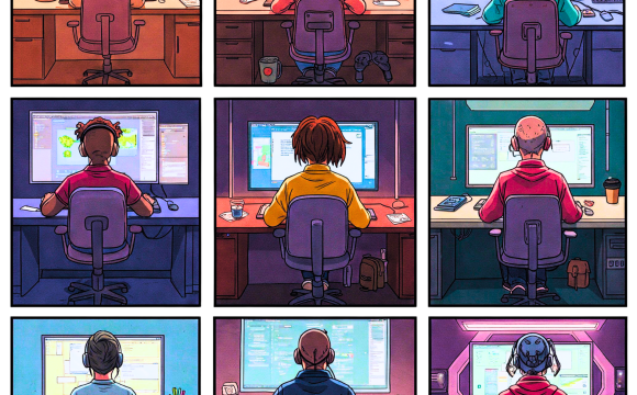 Comic book strip image of people sitting at computers creating user-generated content