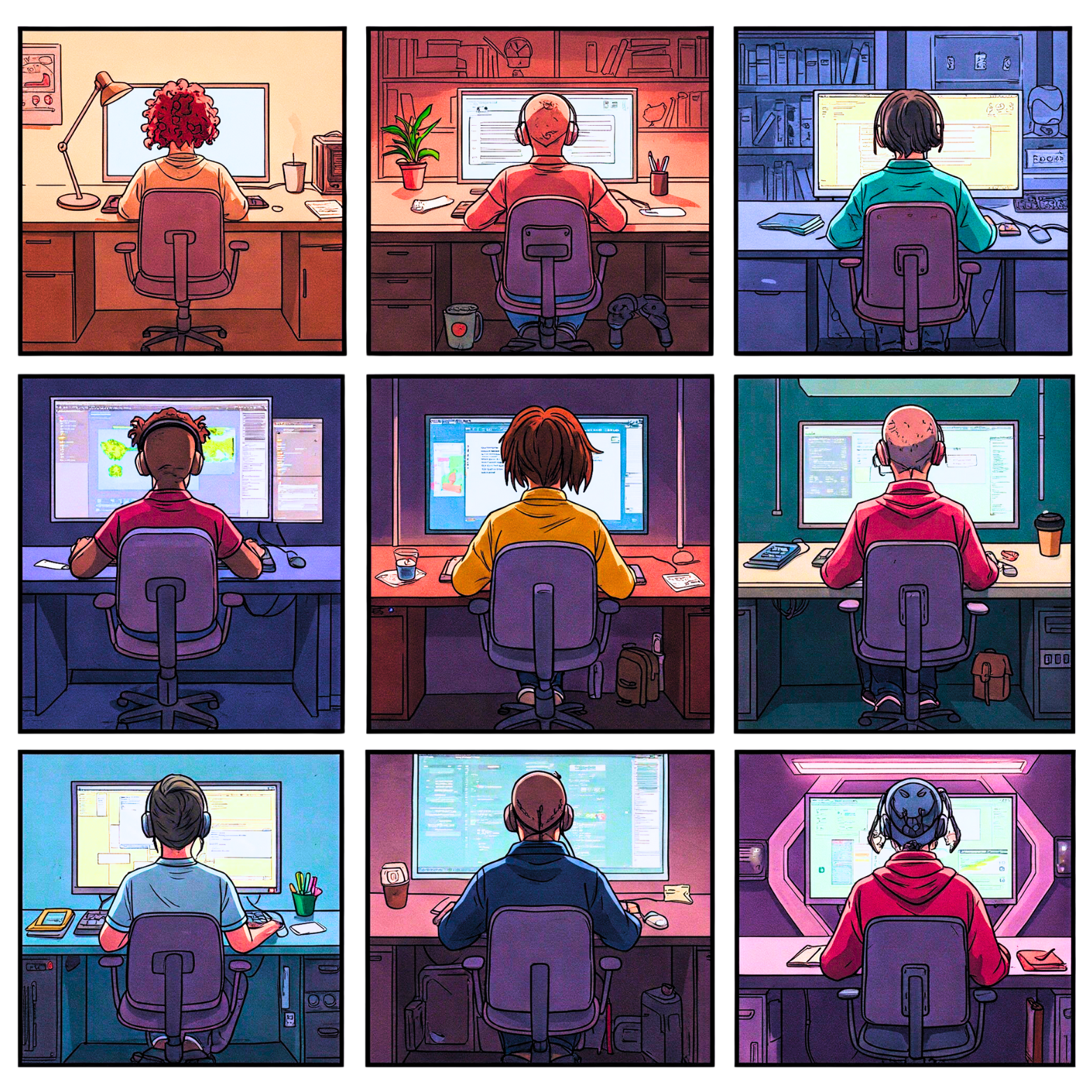 Comic book strip image of people sitting at computers creating user-generated content