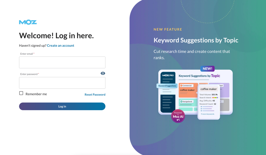 Example from Moz.com Login Design with Feature Highlight