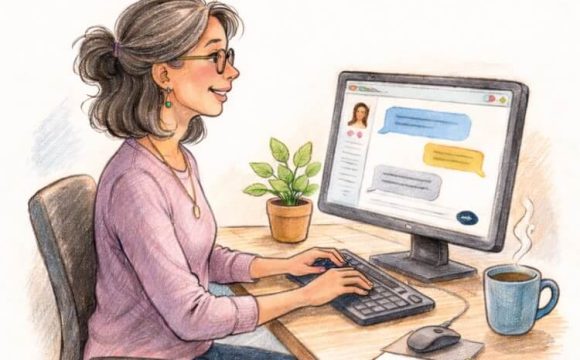 AI Generated sketch of a happy woman using an AI chat bot on a website