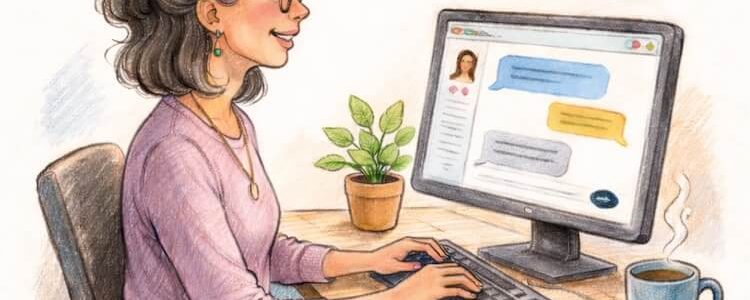 AI Generated sketch of a happy woman using an AI chat bot on a website