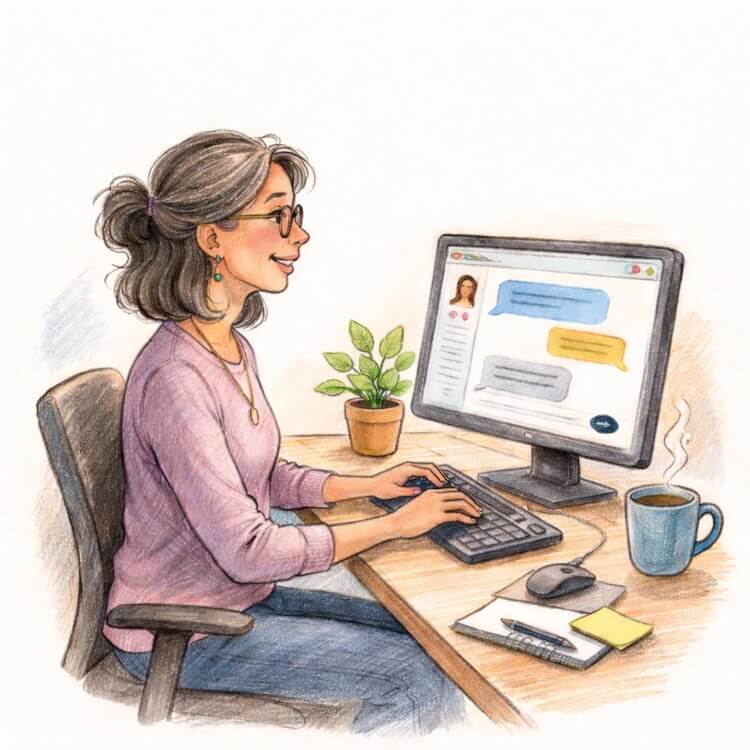 AI Generated sketch of a happy woman using an AI chat bot on a website